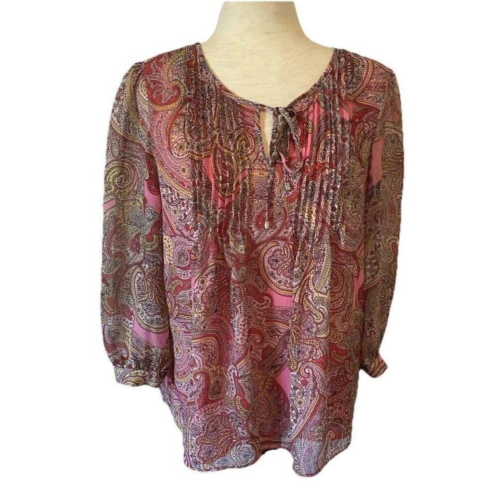 Tommy Hilfiger Blouse Top Women's Boho Paisley Pink Purple Peasant Sz M Fairy